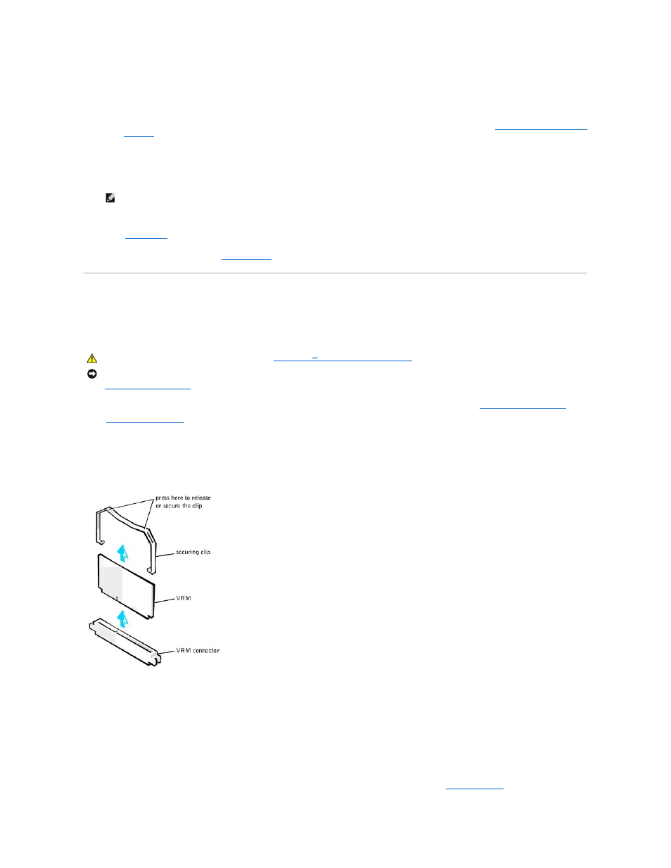 Removing the vrm, Replacing the vrm | Dell OptiPlex GX400 User Manual | Page 32 / 88