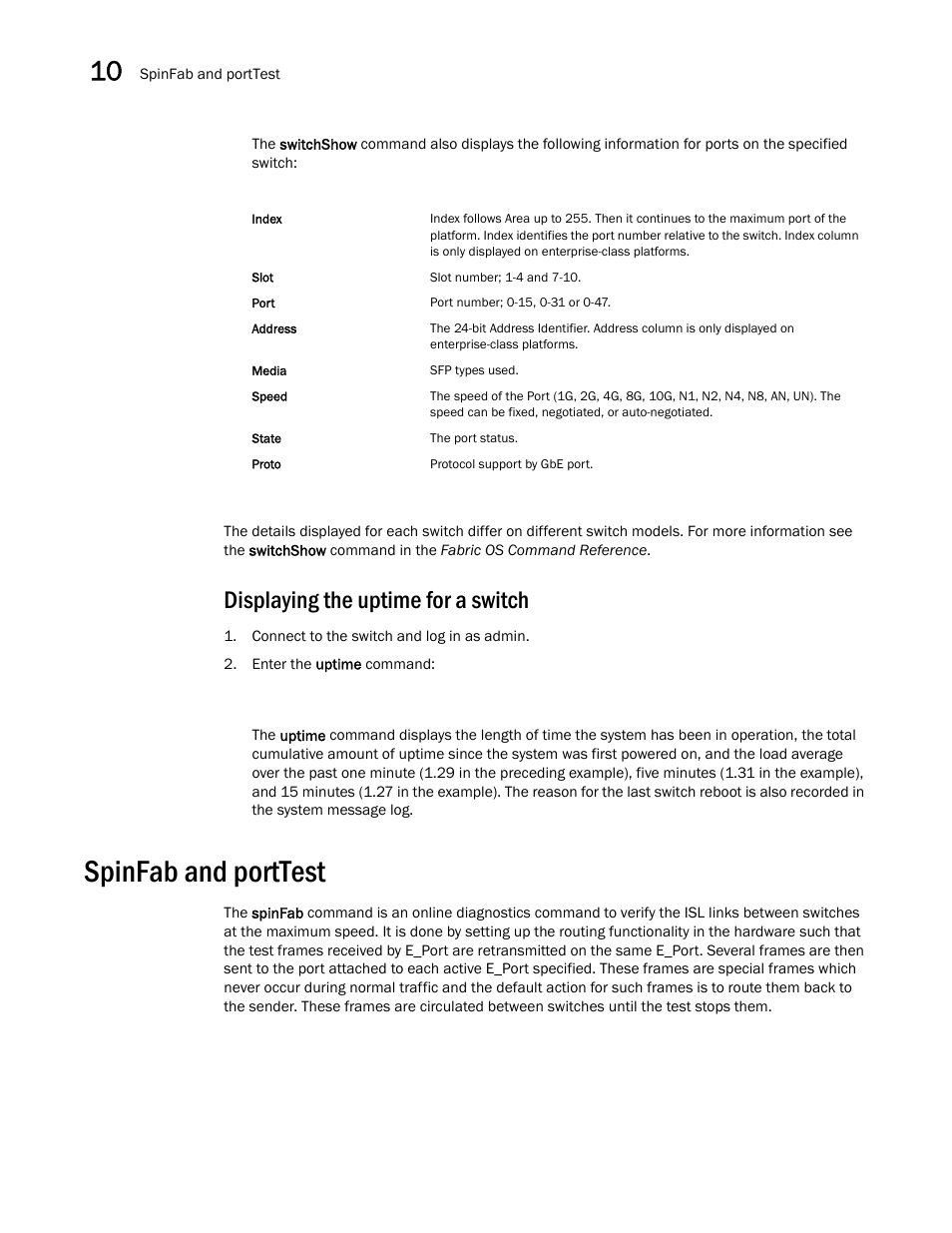 Displaying the uptime for a switch, Spinfab and porttest | Dell POWEREDGE M1000E User Manual | Page 104 / 130