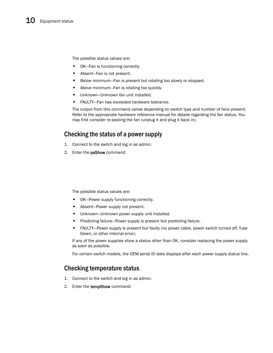 Checking the status of a power supply, Checking temperature status | Dell POWEREDGE M1000E User Manual | Page 112 / 130