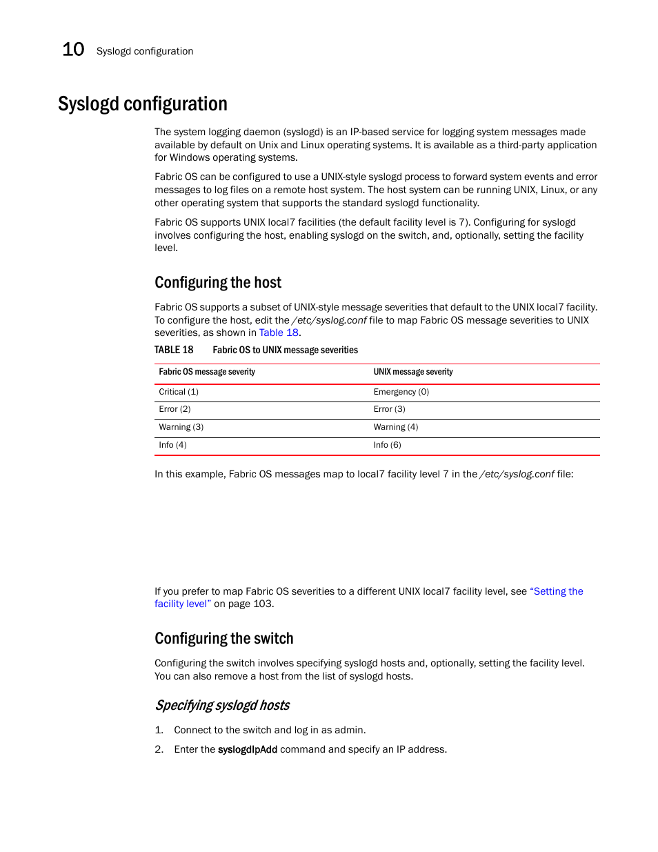 Syslogd configuration, Configuring the host, Configuring the switch | Specifying syslogd hosts | Dell POWEREDGE M1000E User Manual | Page 116 / 130