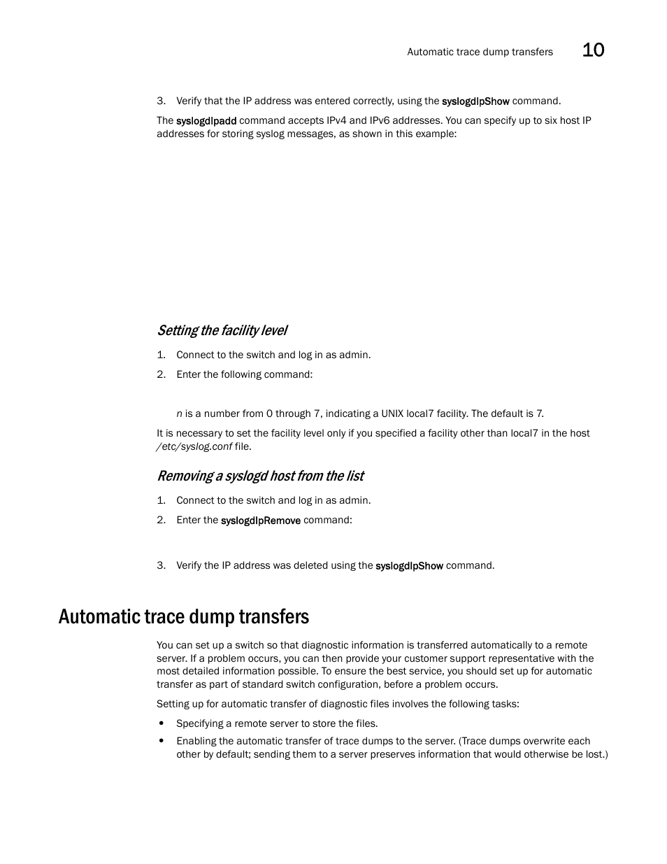 Automatic trace dump transfers, L, see, Setting the | Facility level, Setting the facility level, Removing a syslogd host from the list | Dell POWEREDGE M1000E User Manual | Page 117 / 130