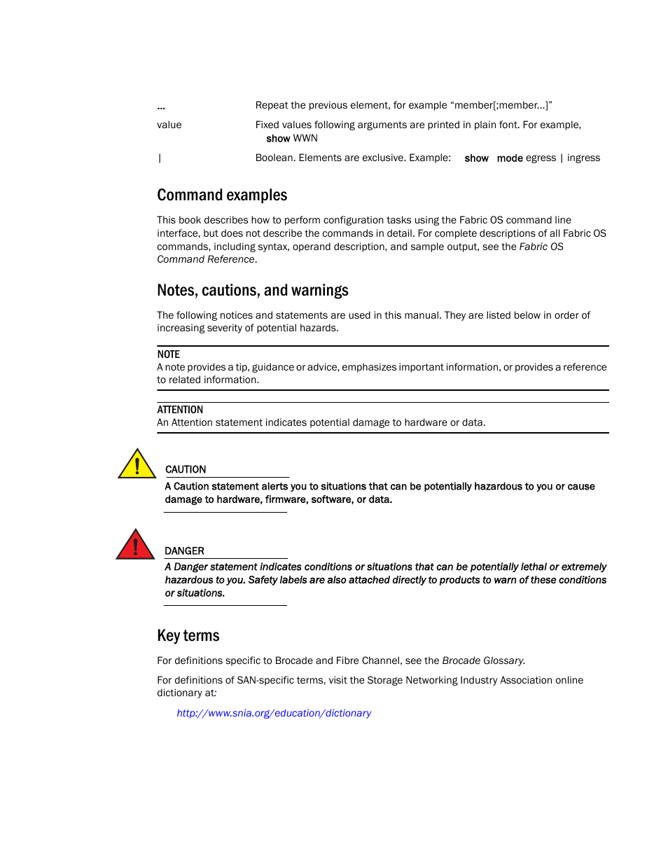 Command examples, Notes, cautions, and warnings, Key terms | Dell POWEREDGE M1000E User Manual | Page 12 / 130