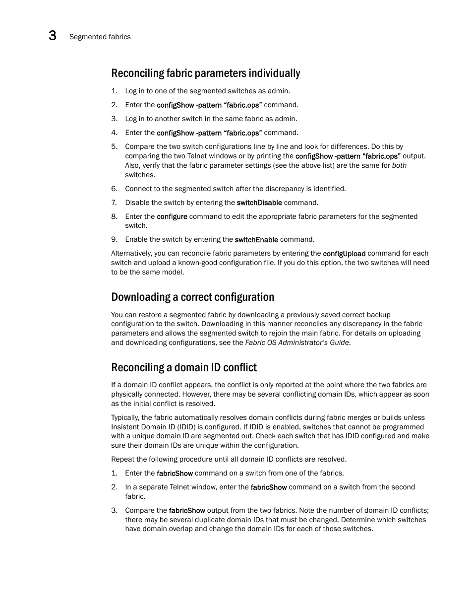 Reconciling fabric parameters individually, Downloading a correct configuration, Reconciling a domain id conflict | Dell POWEREDGE M1000E User Manual | Page 52 / 130