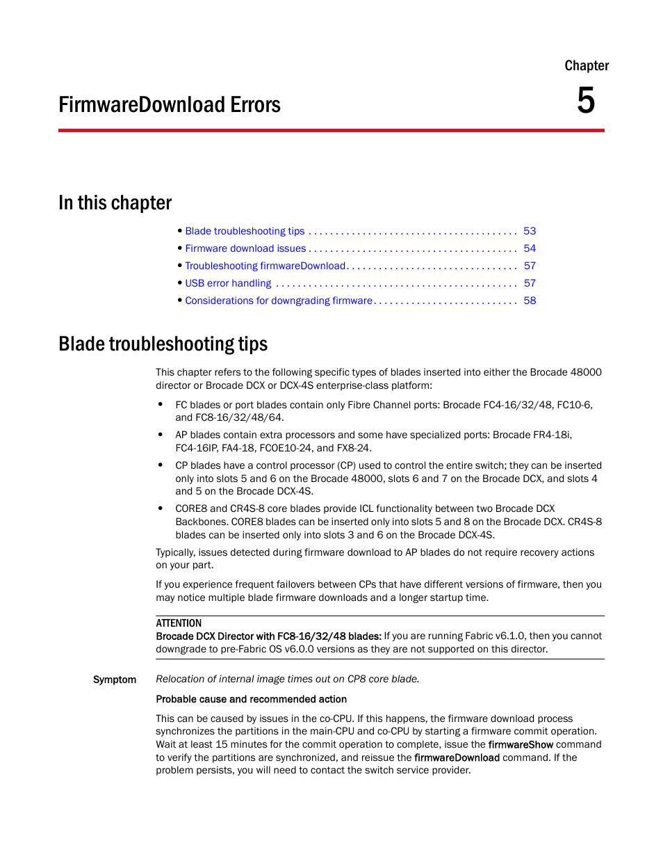 Firmwaredownload errors, In this chapter, Blade troubleshooting tips | Chapter 5, Chapter 5, “firmwaredownload errors | Dell POWEREDGE M1000E User Manual | Page 67 / 130