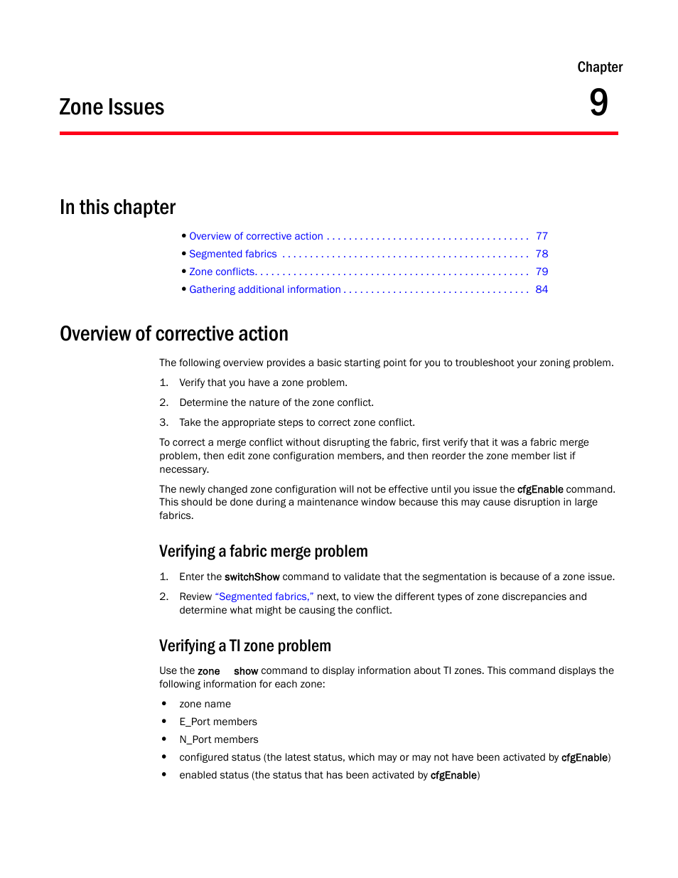 Zone issues, In this chapter, Overview of corrective action | Verifying a fabric merge problem, Verifying a ti zone problem, Chapter 9, Chapter 9, “zone issues, Chapter 9, “zone, Issues | Dell POWEREDGE M1000E User Manual | Page 91 / 130