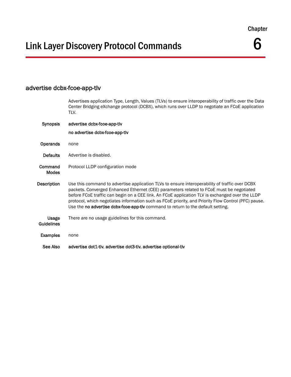 Link layer discovery protocol commands, Chapter 6, Advertise dcbx-fcoe-app-tlv | Chapter 6, “link layer discovery protocol commands, Chapter | Dell POWEREDGE M1000E User Manual | Page 111 / 302