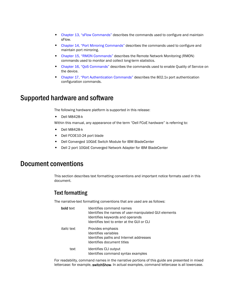 Supported hardware and software, Document conventions, Text formatting | Dell POWEREDGE M1000E User Manual | Page 14 / 302