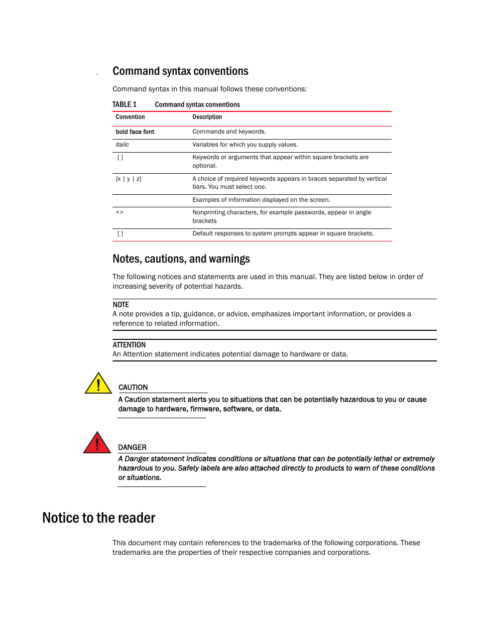 Command syntax conventions, Notes, cautions, and warnings, Notice to the reader | Dell POWEREDGE M1000E User Manual | Page 15 / 302