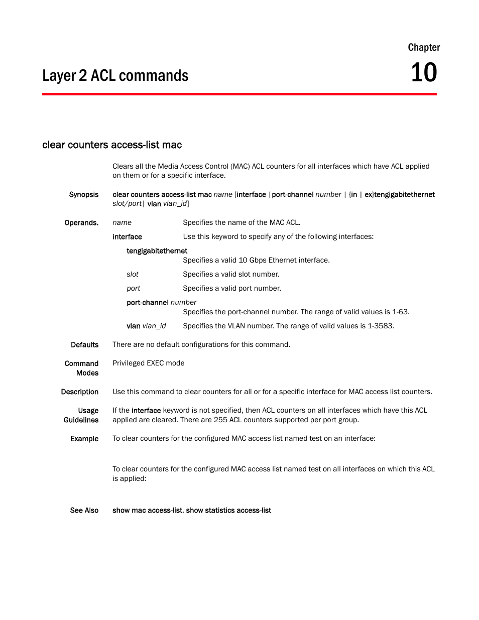 Layer 2 acl commands, Chapter 10, Clear counters access-list mac | Chapter 10, “layer 2 acl commands, Desc, Chapter | Dell POWEREDGE M1000E User Manual | Page 157 / 302