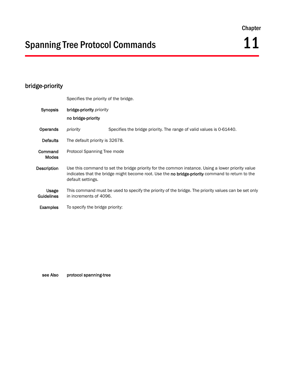 Spanning tree protocol commands, Chapter 11, Bridge-priority | Chapter 11, “spanning tree protocol commands, Chapter | Dell POWEREDGE M1000E User Manual | Page 173 / 302