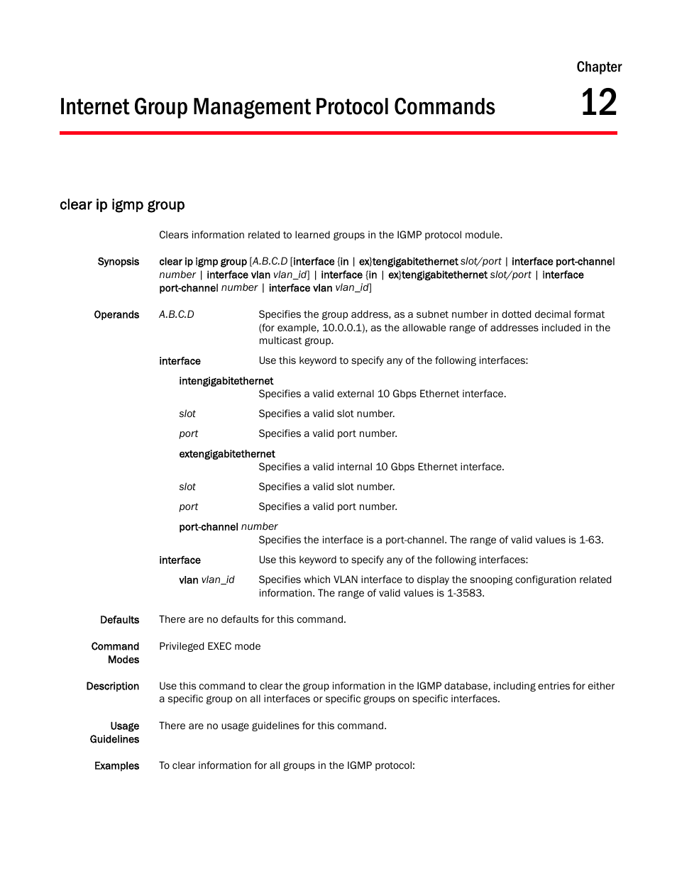 Internet group management protocol commands, Chapter 12, Clear ip igmp group | Describes the c, Chapter | Dell POWEREDGE M1000E User Manual | Page 215 / 302