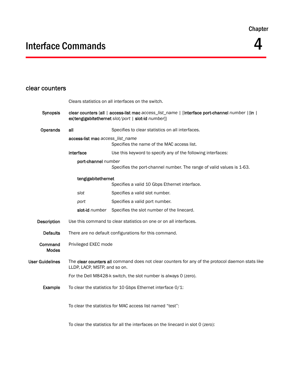 Interface commands, Chapter 4, Clear counters | Chapter 4, “interface commands, Chapter | Dell POWEREDGE M1000E User Manual | Page 77 / 302
