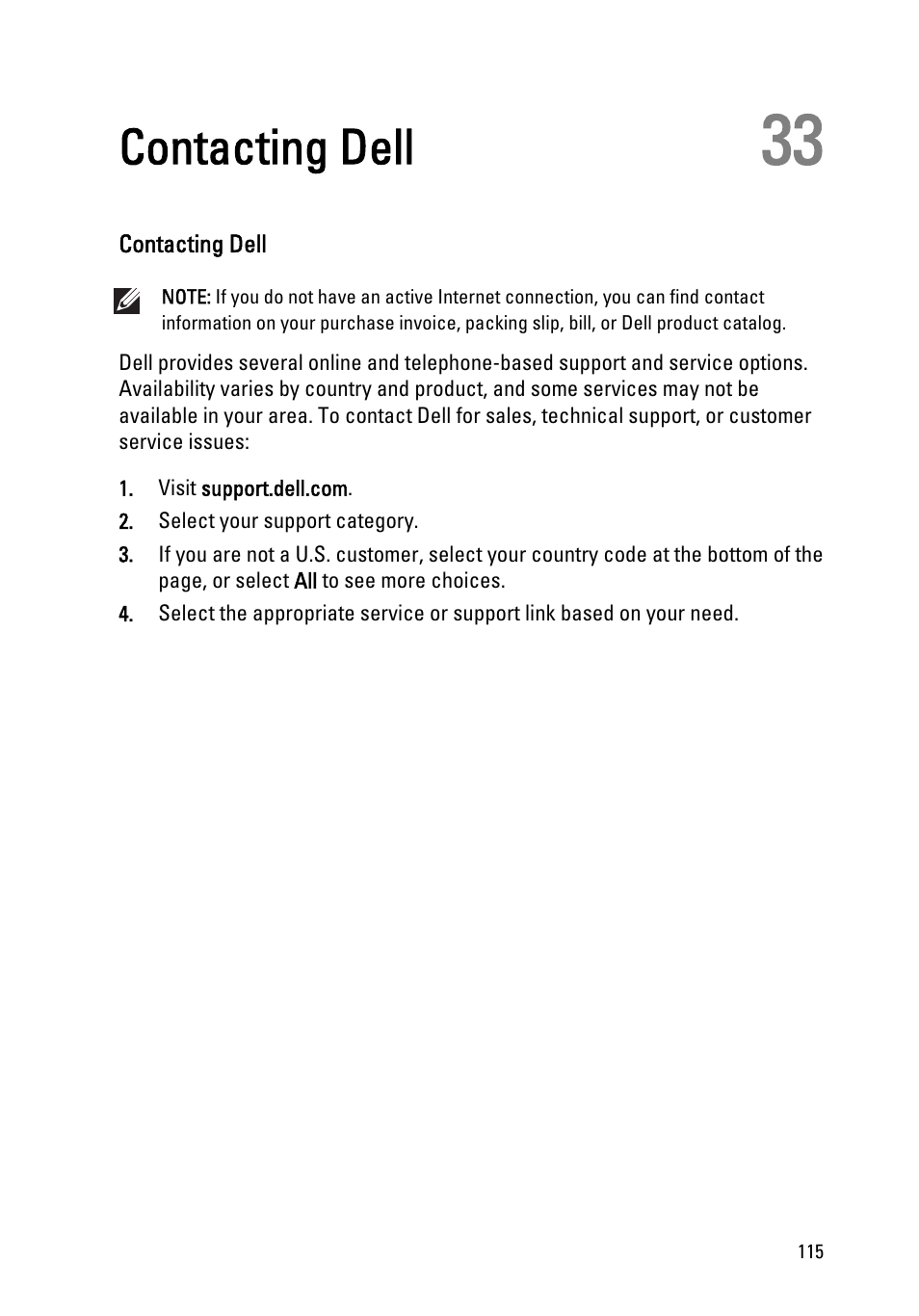 Contacting dell, 33 contacting dell | Dell Vostro 3555 (Mid 2011) User Manual | Page 115 / 116