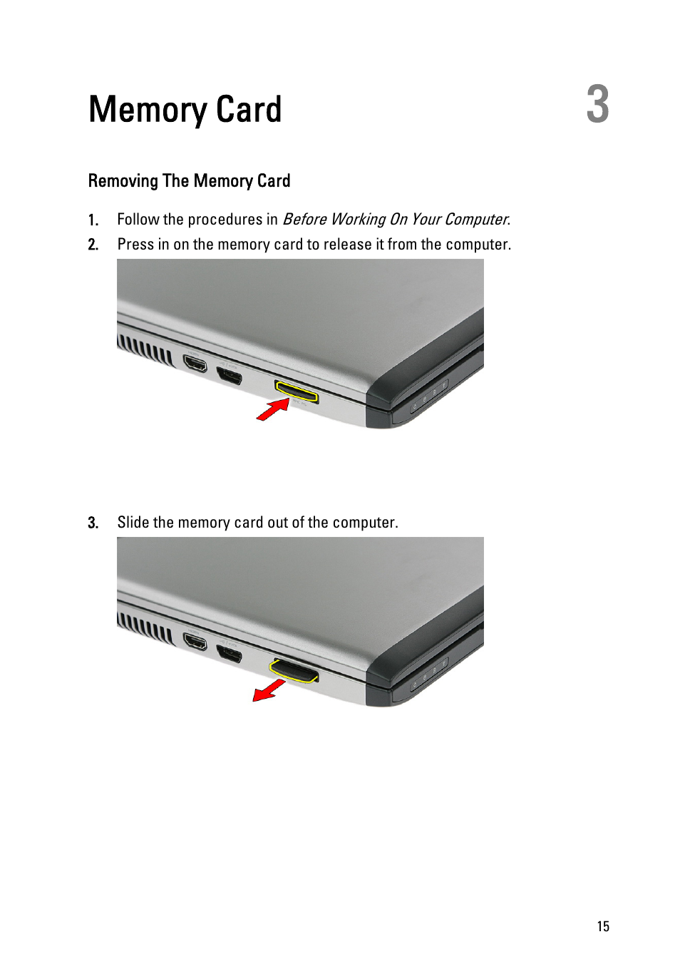 Memory card, Removing the memory card, 3 memory card | Dell Vostro 3555 (Mid 2011) User Manual | Page 15 / 116