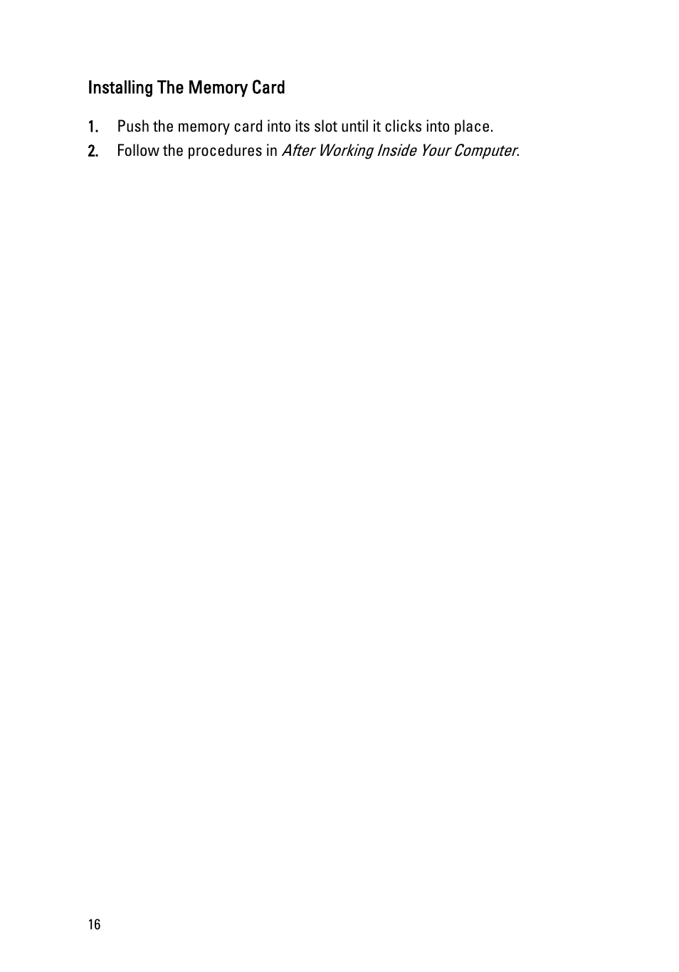 Installing the memory card | Dell Vostro 3555 (Mid 2011) User Manual | Page 16 / 116