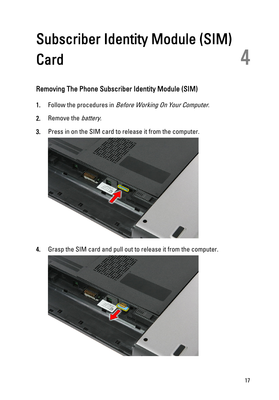 Subscriber identity module (sim) card, 4 subscriber identity module (sim) card | Dell Vostro 3555 (Mid 2011) User Manual | Page 17 / 116