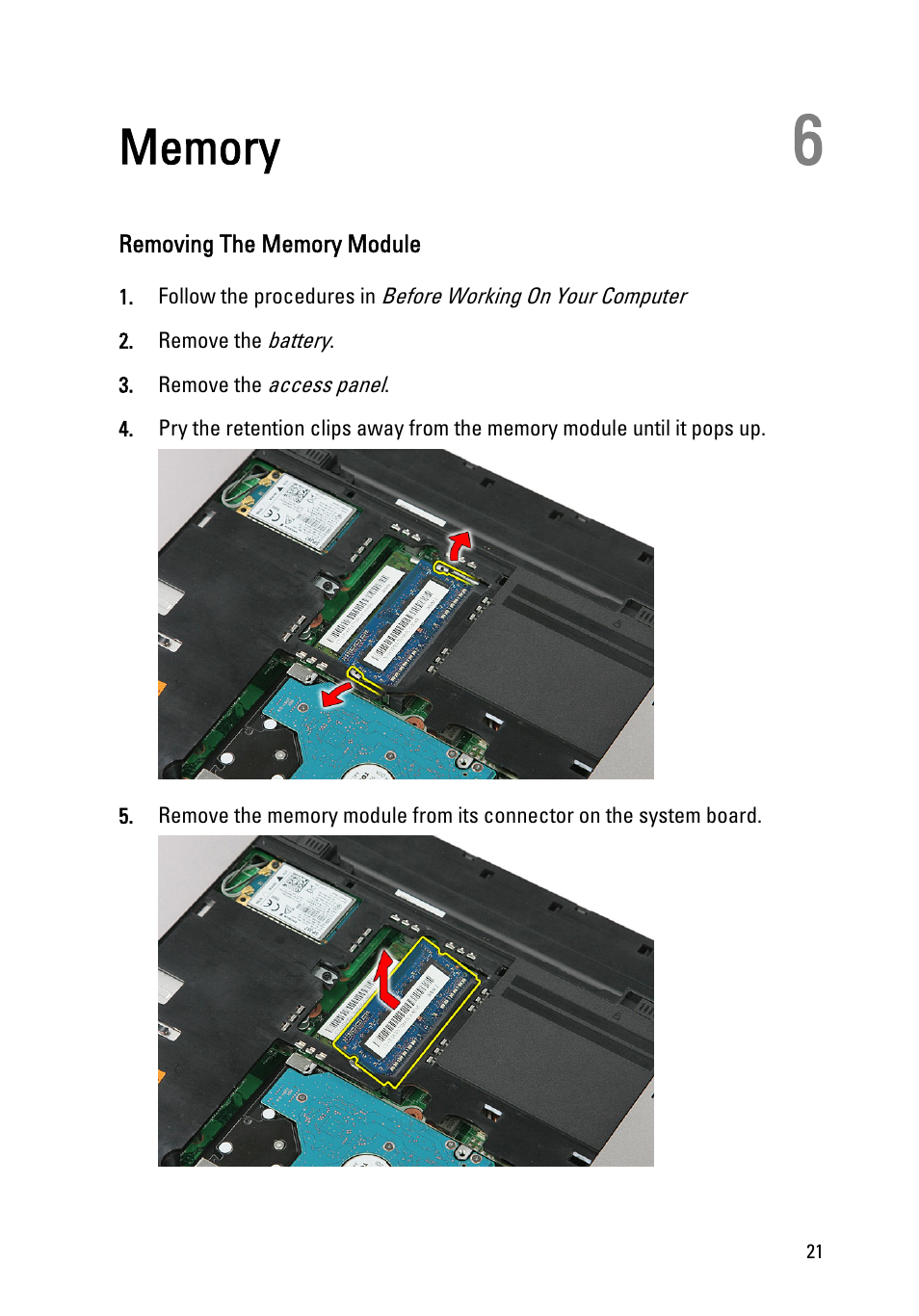 Memory, Removing the memory module, 6 memory | Dell Vostro 3555 (Mid 2011) User Manual | Page 21 / 116