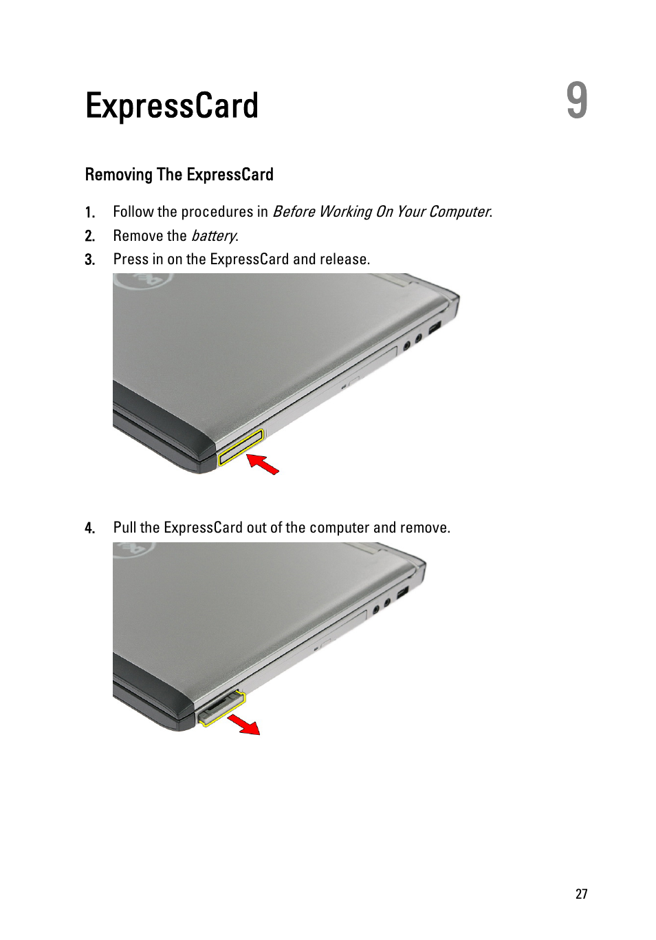 Expresscard, Removing the expresscard, 9 expresscard | Dell Vostro 3555 (Mid 2011) User Manual | Page 27 / 116