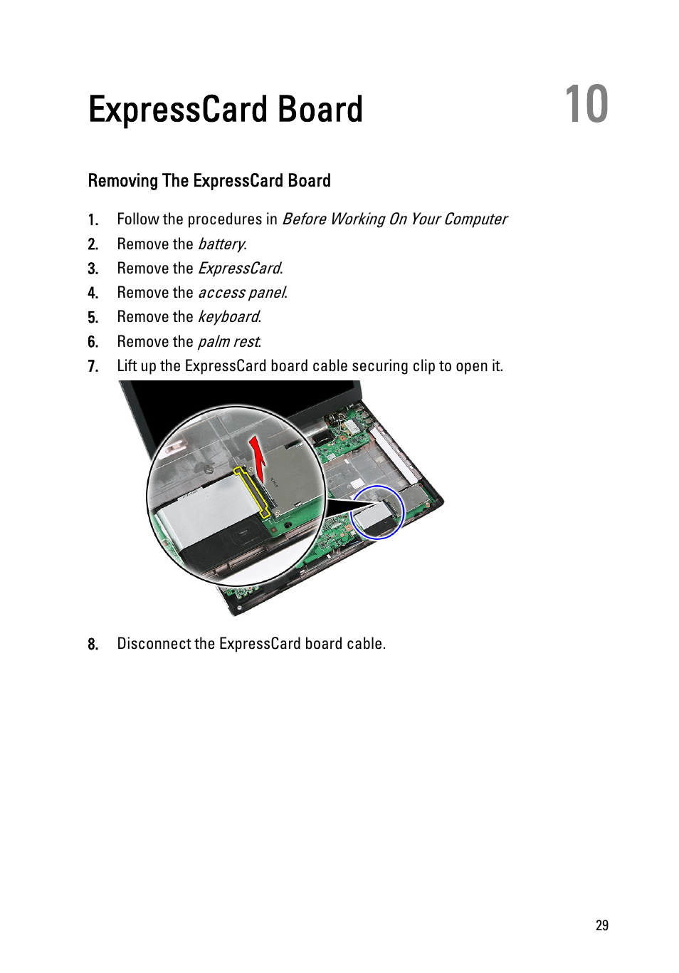 Expresscard board, Removing the expresscard board, 10 expresscard board | Dell Vostro 3555 (Mid 2011) User Manual | Page 29 / 116