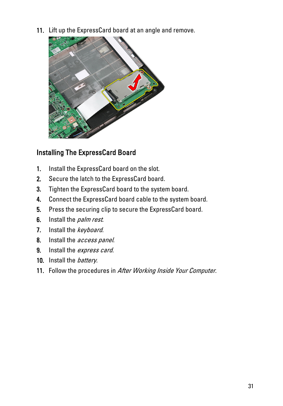 Installing the expresscard board | Dell Vostro 3555 (Mid 2011) User Manual | Page 31 / 116