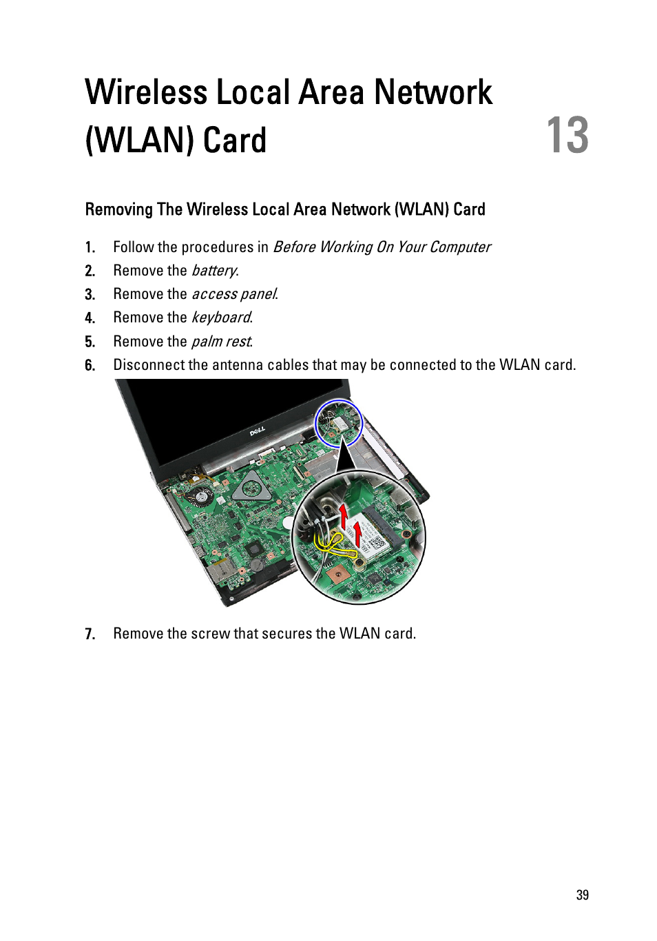 Wireless local area network (wlan) card, 13 wireless local area network (wlan) card | Dell Vostro 3555 (Mid 2011) User Manual | Page 39 / 116