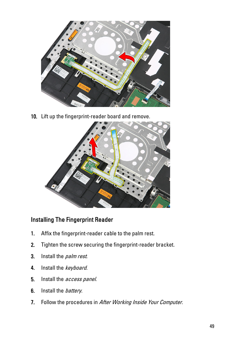 Installing the fingerprint reader | Dell Vostro 3555 (Mid 2011) User Manual | Page 49 / 116