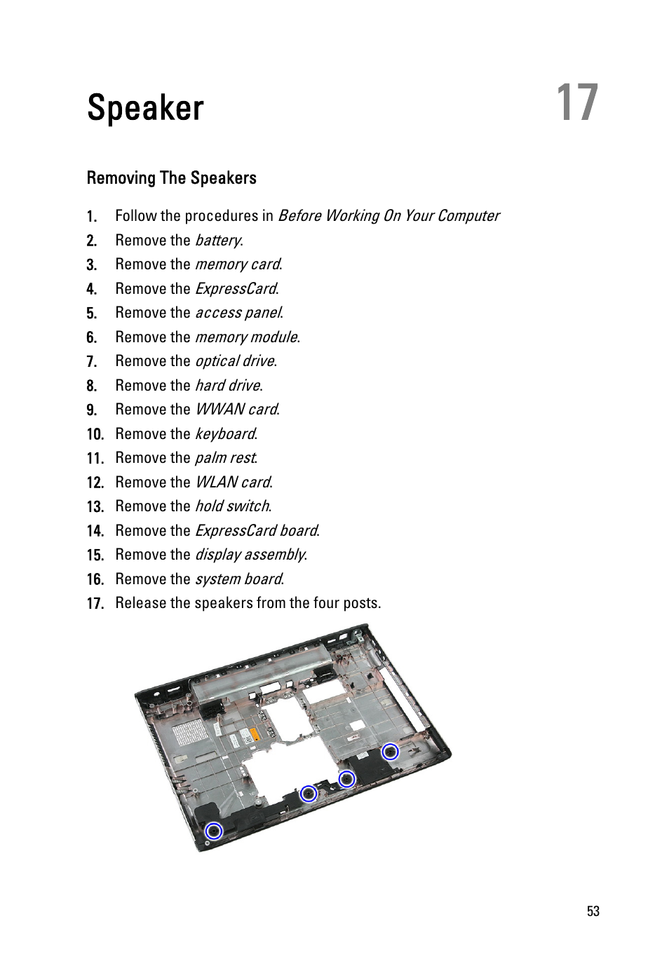 Speaker, Removing the speakers, 17 speaker | Dell Vostro 3555 (Mid 2011) User Manual | Page 53 / 116