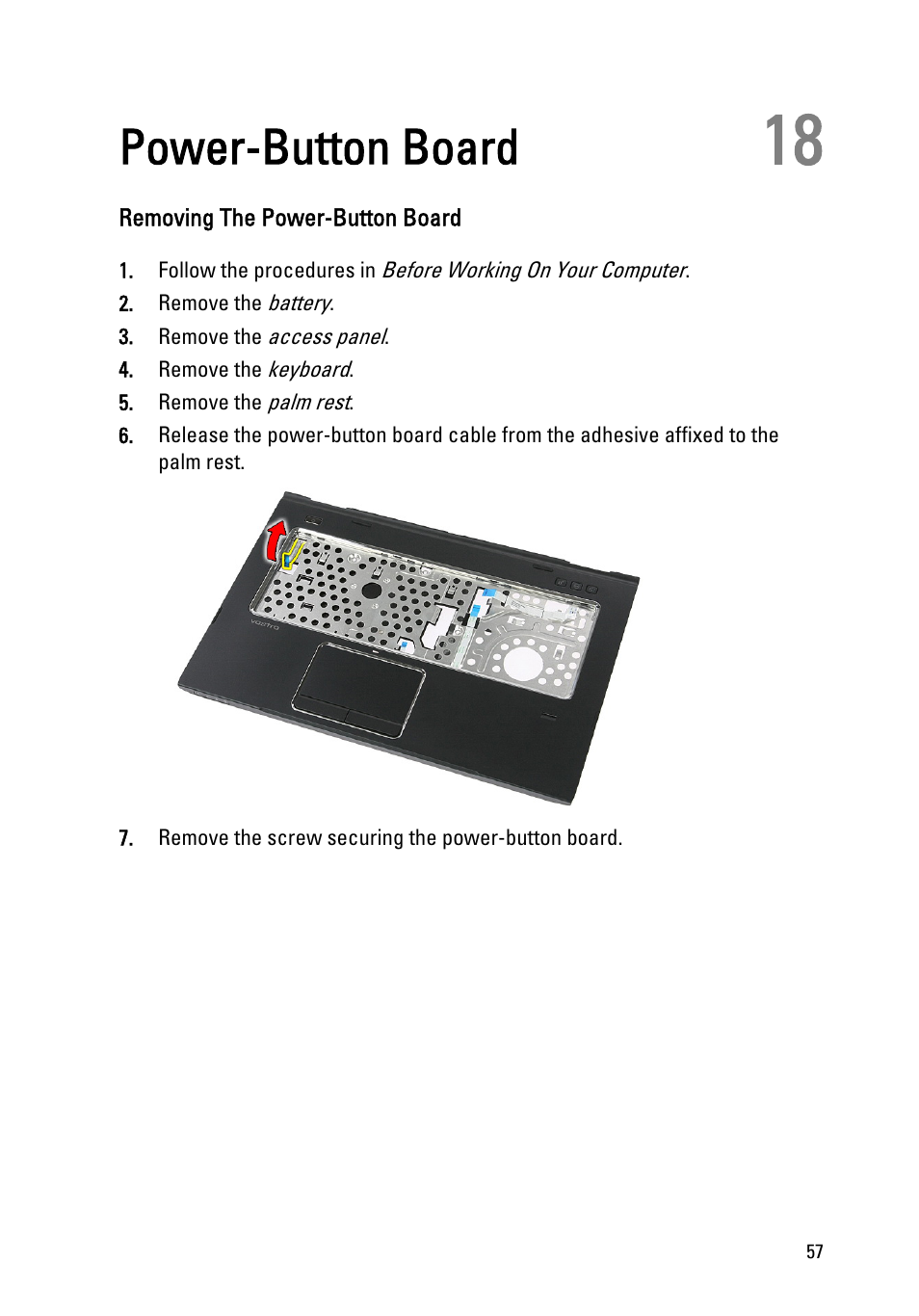 Power-button board, Removing the power-button board, 18 power-button board | Dell Vostro 3555 (Mid 2011) User Manual | Page 57 / 116