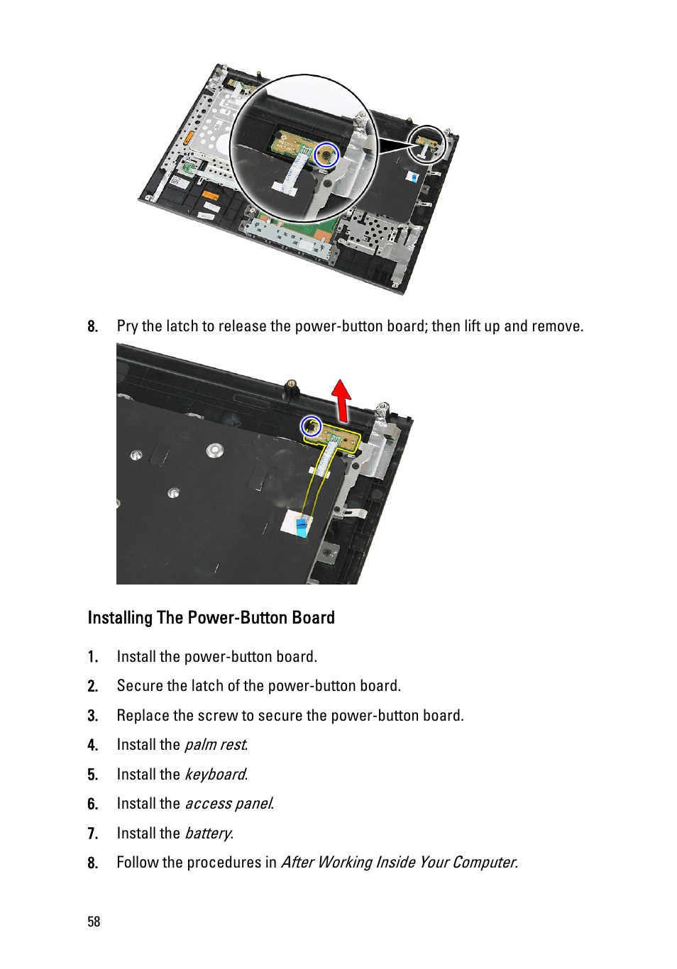 Installing the power-button board | Dell Vostro 3555 (Mid 2011) User Manual | Page 58 / 116