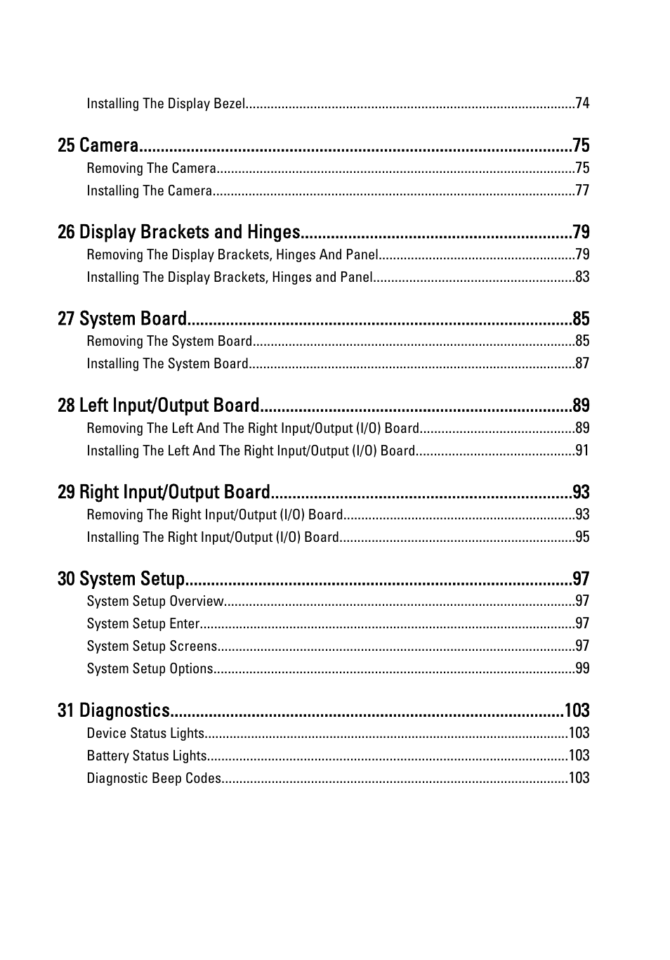 25 camera, 26 display brackets and hinges, 27 system board | 28 left input/output board, 29 right input/output board, 30 system setup, 31 diagnostics | Dell Vostro 3555 (Mid 2011) User Manual | Page 6 / 116