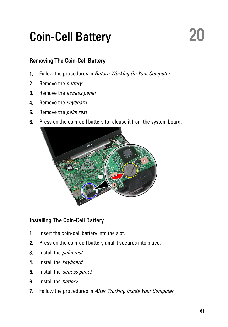 Coin-cell battery, Removing the coin-cell battery, Installing the coin-cell battery | 20 coin-cell battery | Dell Vostro 3555 (Mid 2011) User Manual | Page 61 / 116