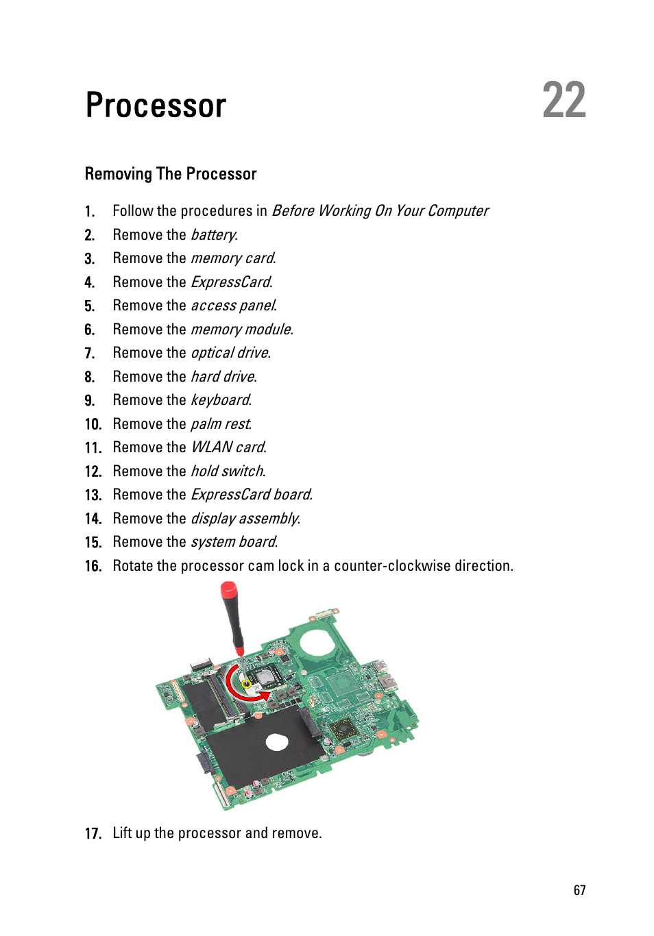 Processor, Removing the processor, 22 processor | Dell Vostro 3555 (Mid 2011) User Manual | Page 67 / 116