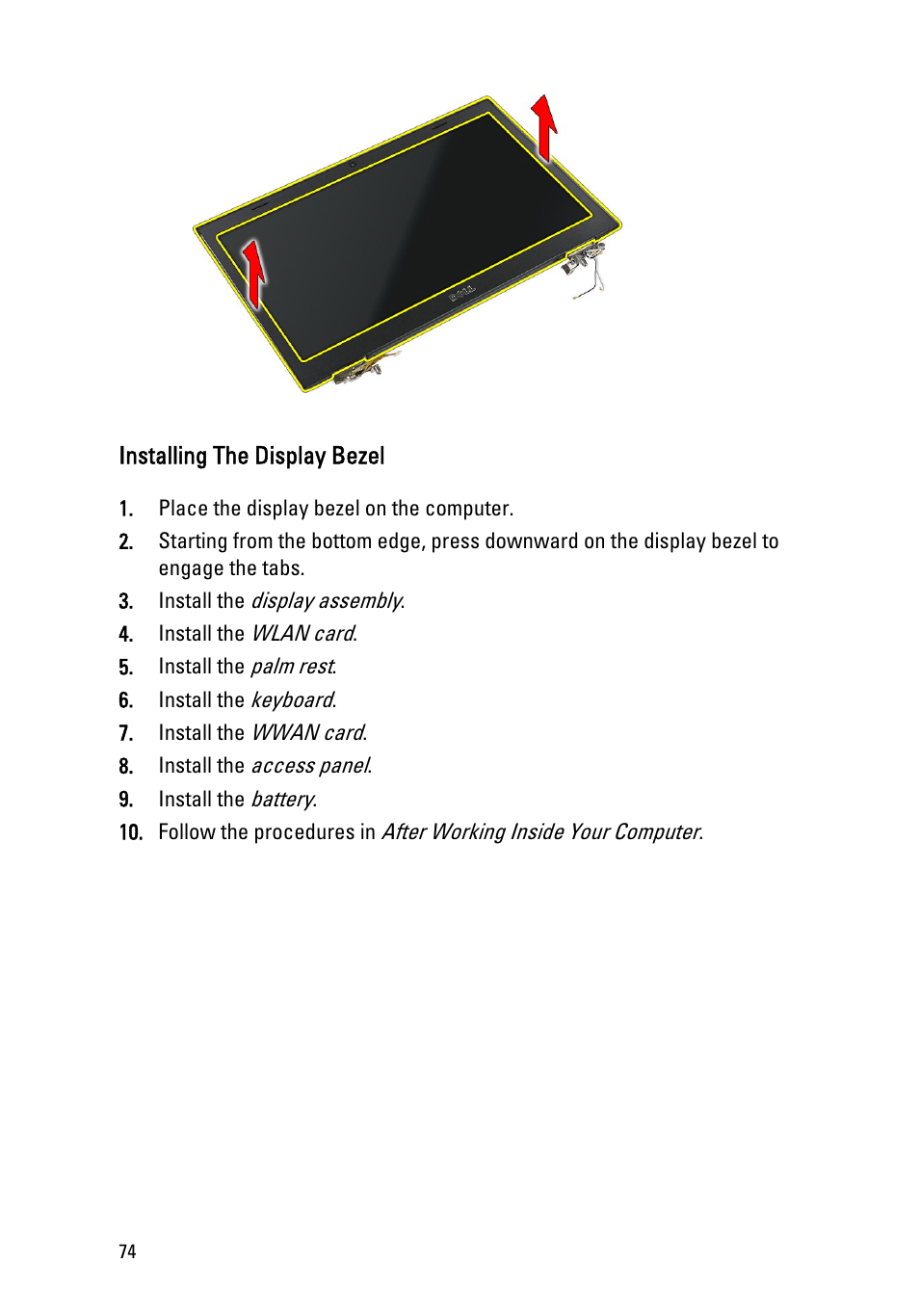 Installing the display bezel | Dell Vostro 3555 (Mid 2011) User Manual | Page 74 / 116