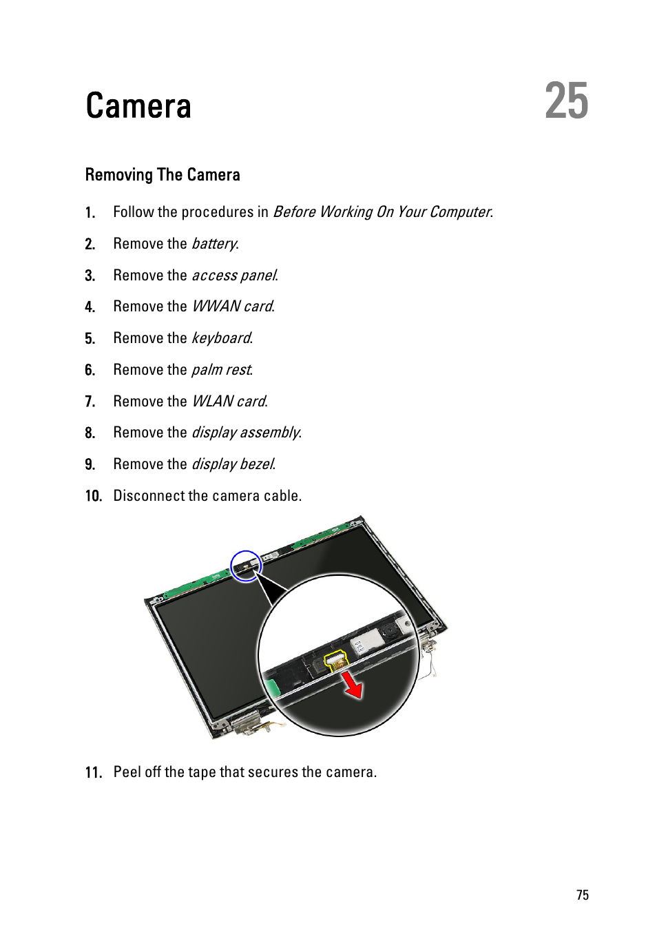 Camera, Removing the camera, 25 camera | Dell Vostro 3555 (Mid 2011) User Manual | Page 75 / 116