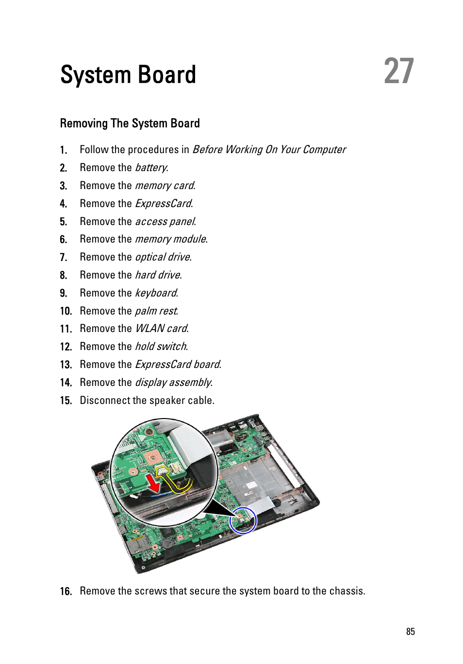 System board, Removing the system board, 27 system board | Dell Vostro 3555 (Mid 2011) User Manual | Page 85 / 116