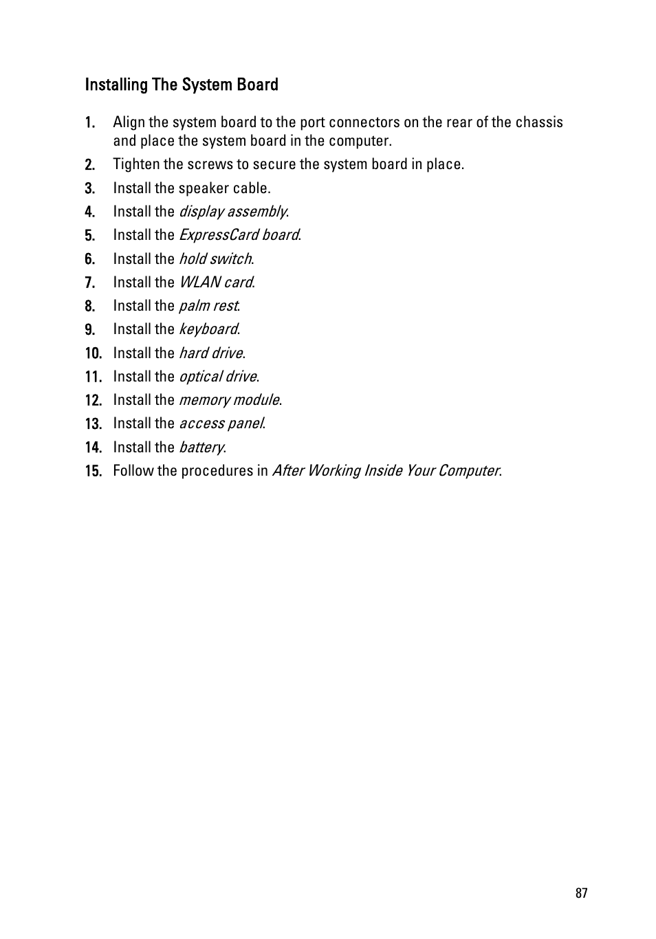 Installing the system board | Dell Vostro 3555 (Mid 2011) User Manual | Page 87 / 116