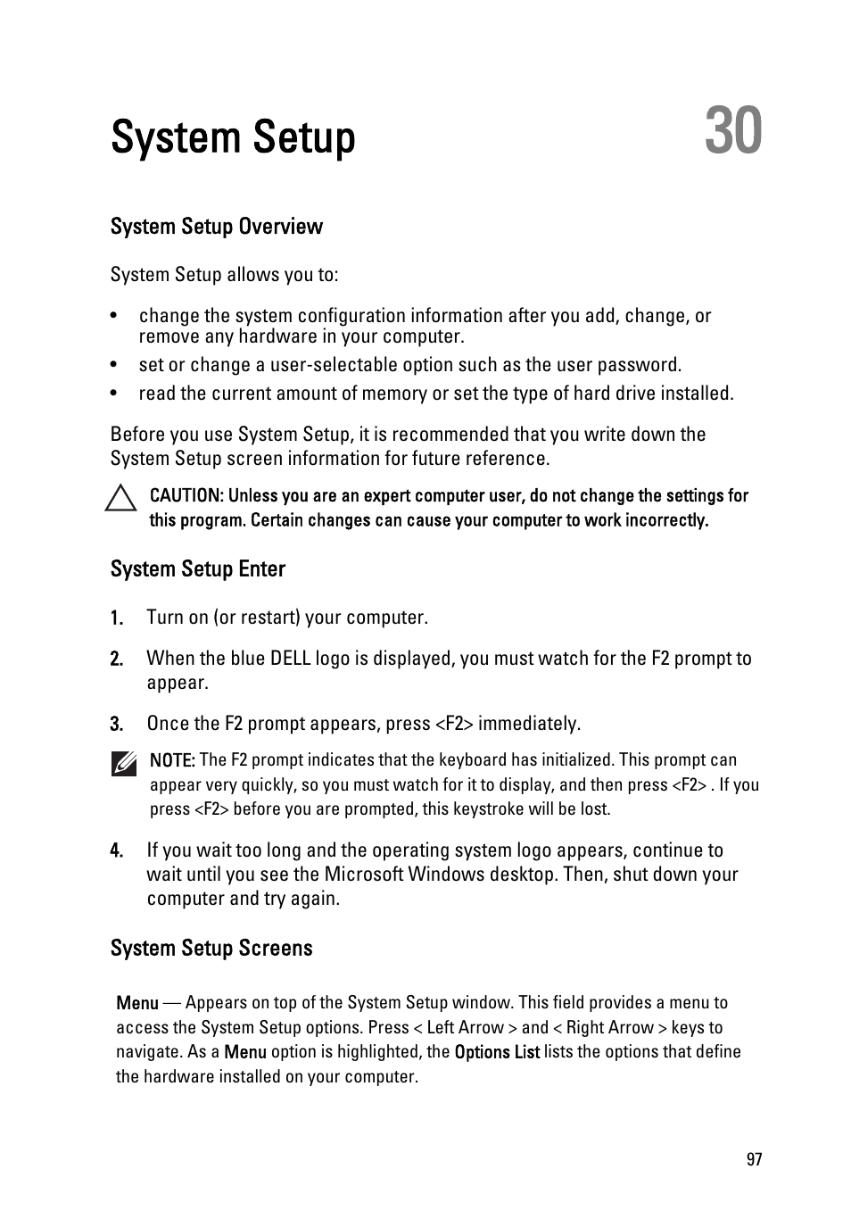 System setup, System setup overview, System setup enter | System setup screens, 30 system setup | Dell Vostro 3555 (Mid 2011) User Manual | Page 97 / 116