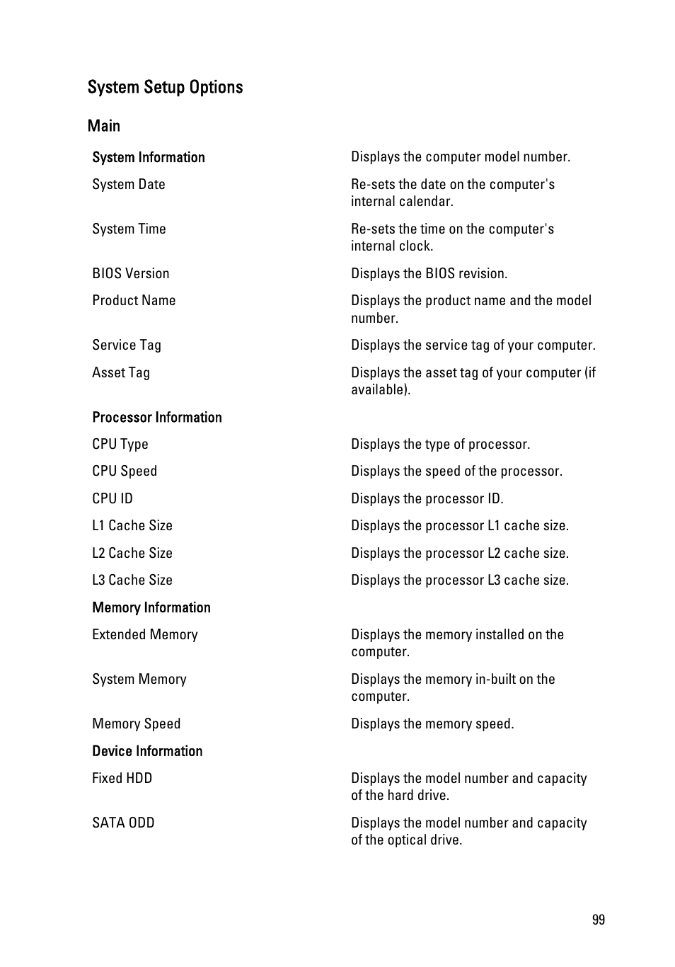 System setup options | Dell Vostro 3555 (Mid 2011) User Manual | Page 99 / 116