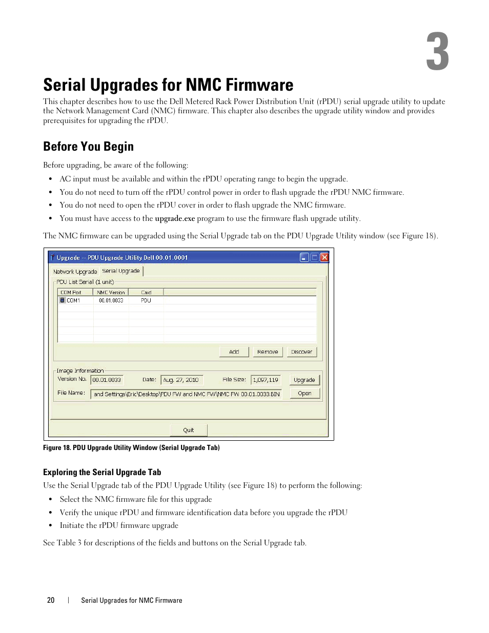 Serial upgrades for nmc firmware, Before you begin, Exploring the serial upgrade tab | Dell Metered PDU LCD User Manual | Page 20 / 32