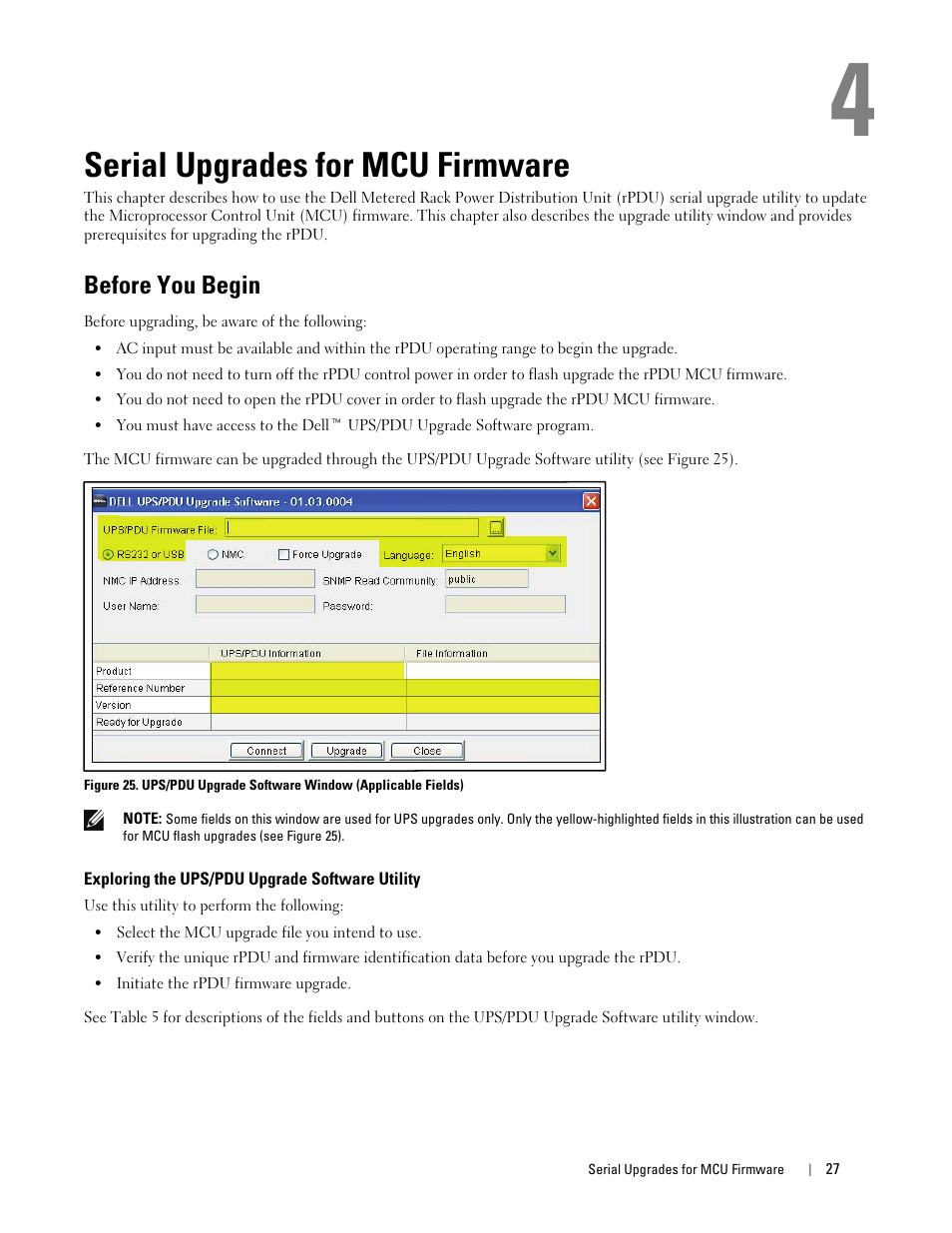 Serial upgrades for mcu firmware, Before you begin, Exploring the ups/pdu upgrade software utility | Dell Metered PDU LCD User Manual | Page 27 / 32