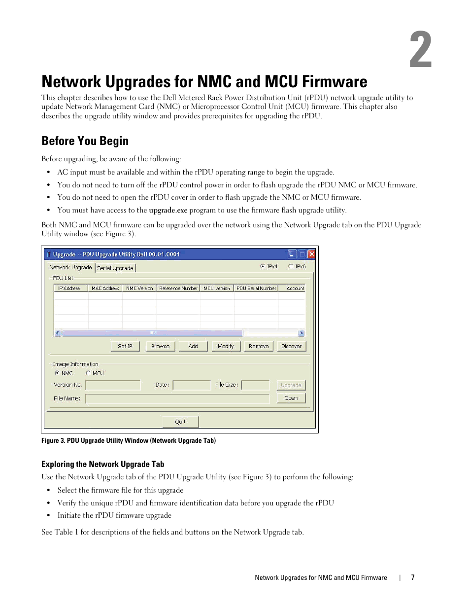 Network upgrades for nmc and mcu firmware, Before you begin, Exploring the network upgrade tab | Dell Metered PDU LCD User Manual | Page 7 / 32
