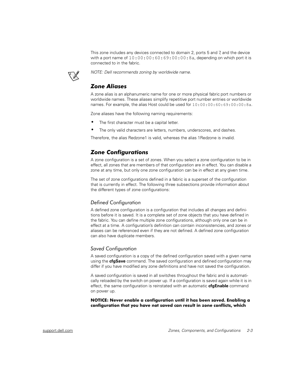 Zone aliases, Zone configurations, Defined configuration | Saved configuration, Zone aliases -3, Zone configurations -3, Defined configuration -3, Saved configuration -3 | Dell PowerVault 56F (16P Fibre Channel Switch) User Manual | Page 17 / 38