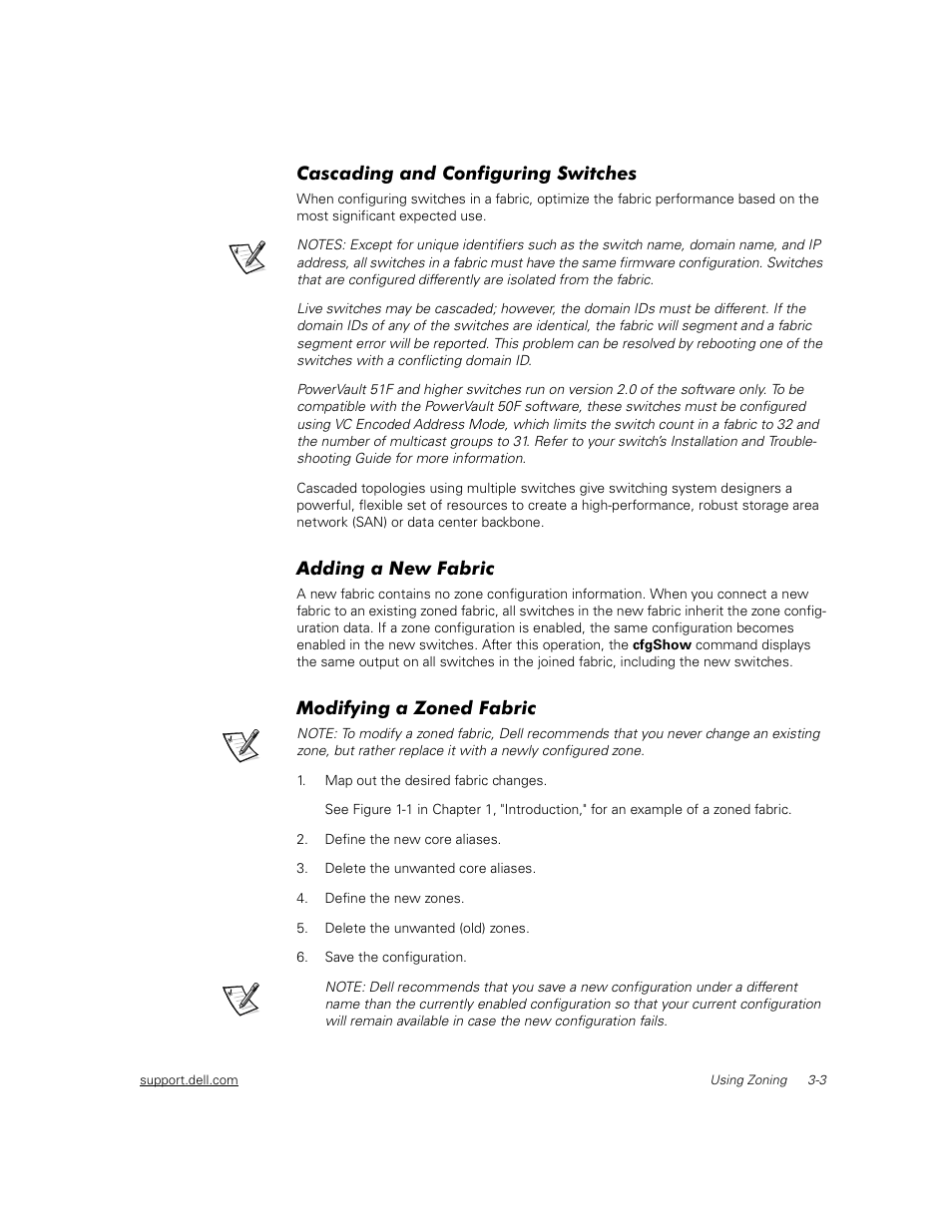 Cascading and configuring switches, Adding a new fabric, Modifying a zoned fabric | Cascading and configuring switches -3, Adding a new fabric -3, Modifying a zoned fabric -3 | Dell PowerVault 56F (16P Fibre Channel Switch) User Manual | Page 21 / 38