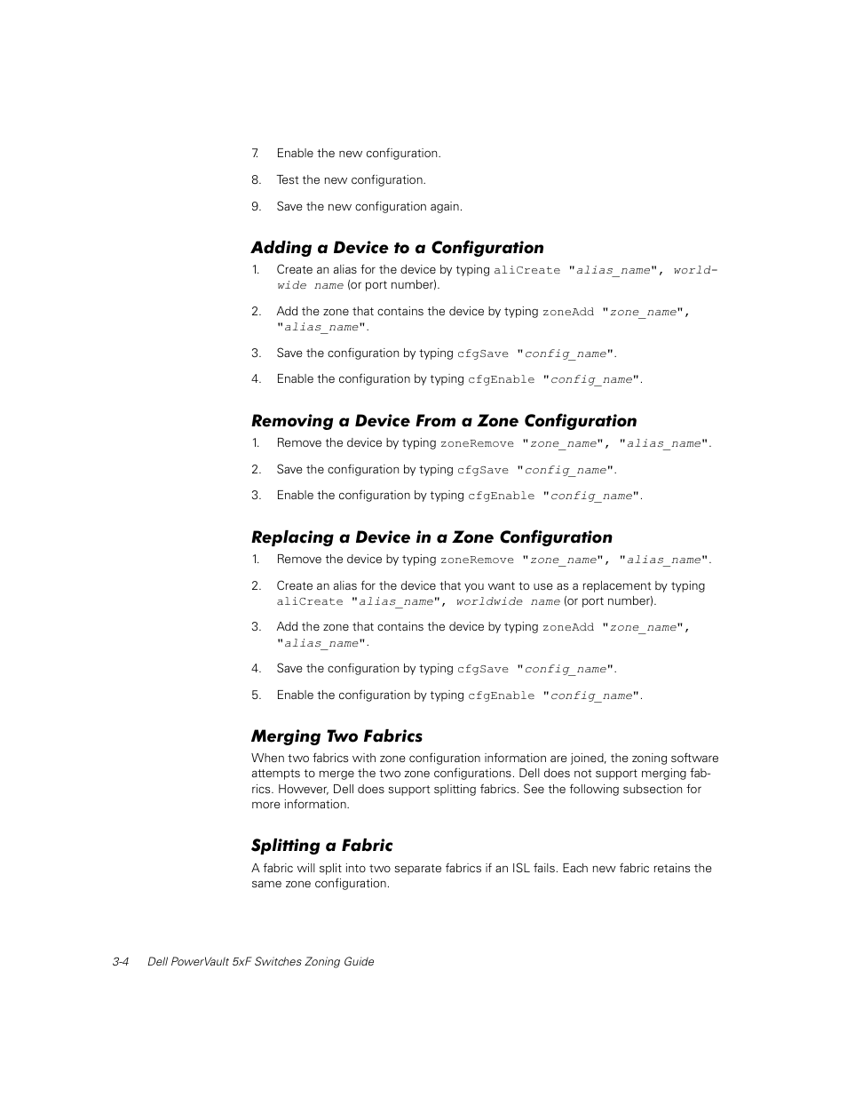 Adding a device to a configuration, Removing a device from a zone configuration, Replacing a device in a zone configuration | Merging two fabrics, Splitting a fabric, Adding a device to a configuration -4, Removing a device from a zone configuration -4, Replacing a device in a zone configuration -4, Merging two fabrics -4, Splitting a fabric -4 | Dell PowerVault 56F (16P Fibre Channel Switch) User Manual | Page 22 / 38