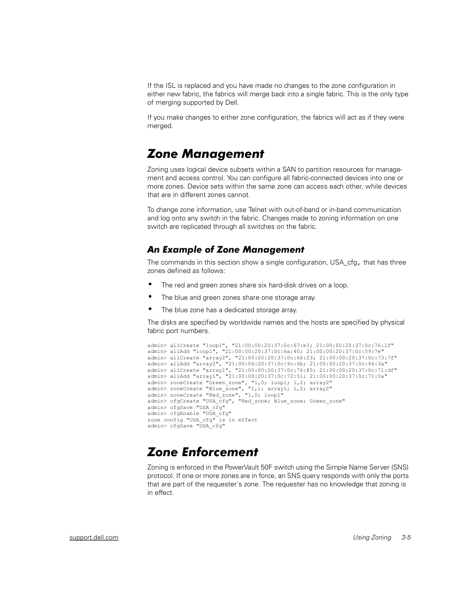 Zone management, An example of zone management, Zone enforcement | Zone management -5, An example of zone management -5, Zone enforcement -5 | Dell PowerVault 56F (16P Fibre Channel Switch) User Manual | Page 23 / 38