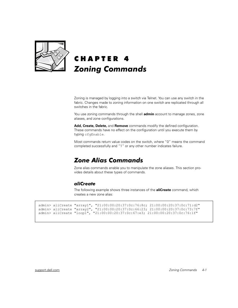 Zoning commands, Zone alias commands, Alicreate | Zone alias commands -1, Alicreate -1 | Dell PowerVault 56F (16P Fibre Channel Switch) User Manual | Page 25 / 38