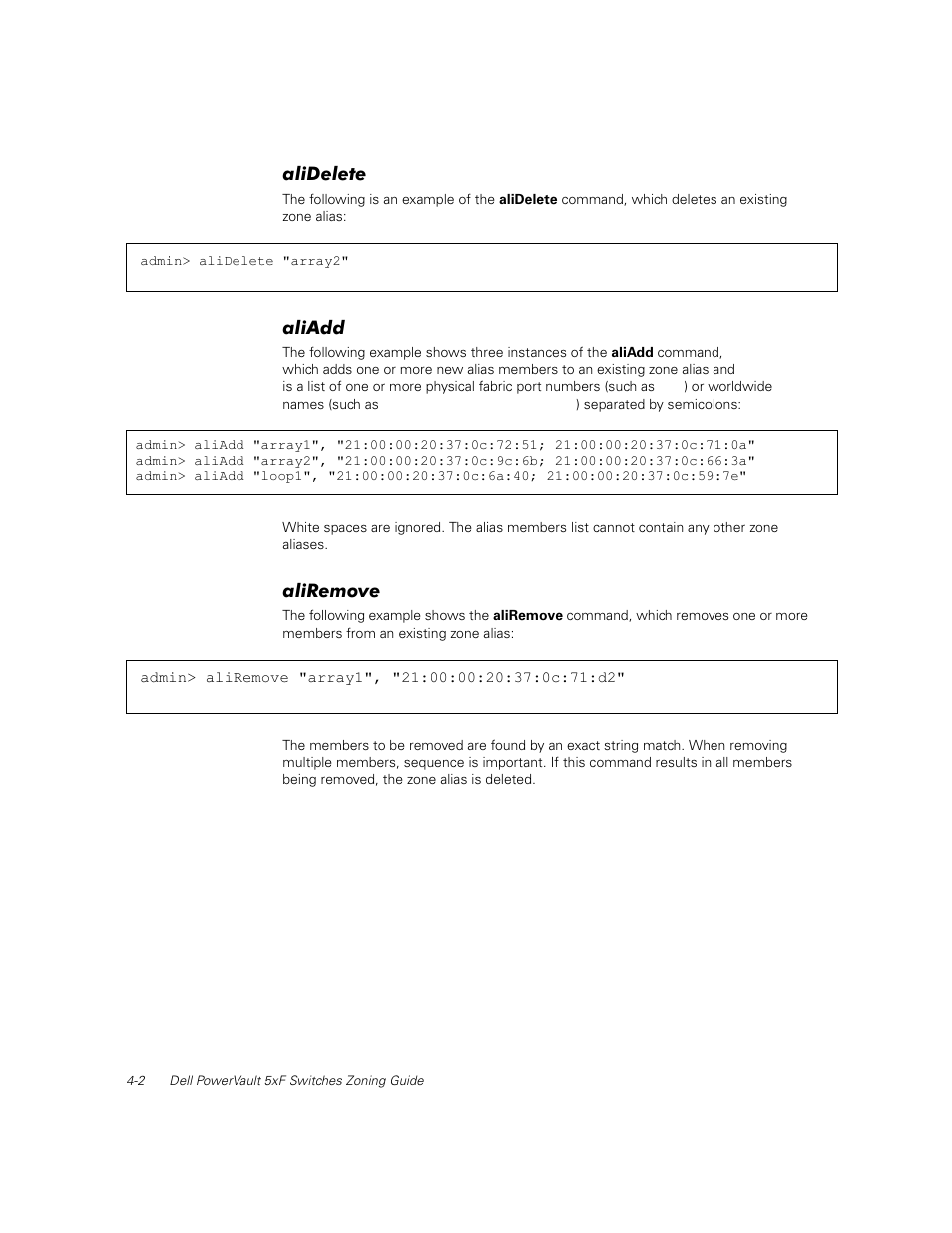 Alidelete, Aliadd, Aliremove | Alidelete -2, Aliadd -2, Aliremove -2 | Dell PowerVault 56F (16P Fibre Channel Switch) User Manual | Page 26 / 38