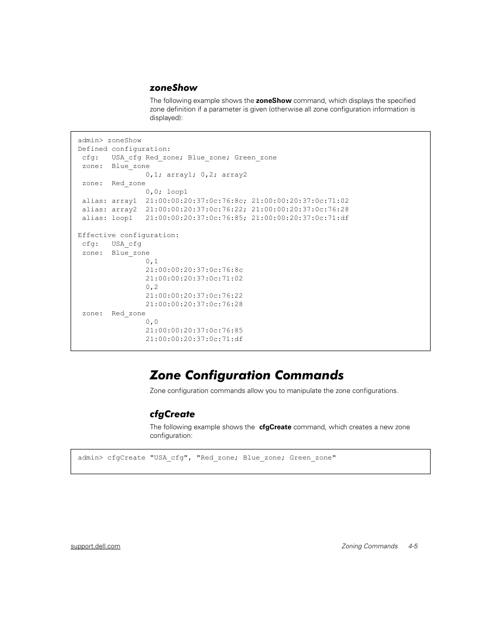 Zoneshow, Zone configuration commands, Cfgcreate | Zoneshow -5, Zone configuration commands -5, Cfgcreate -5 | Dell PowerVault 56F (16P Fibre Channel Switch) User Manual | Page 29 / 38