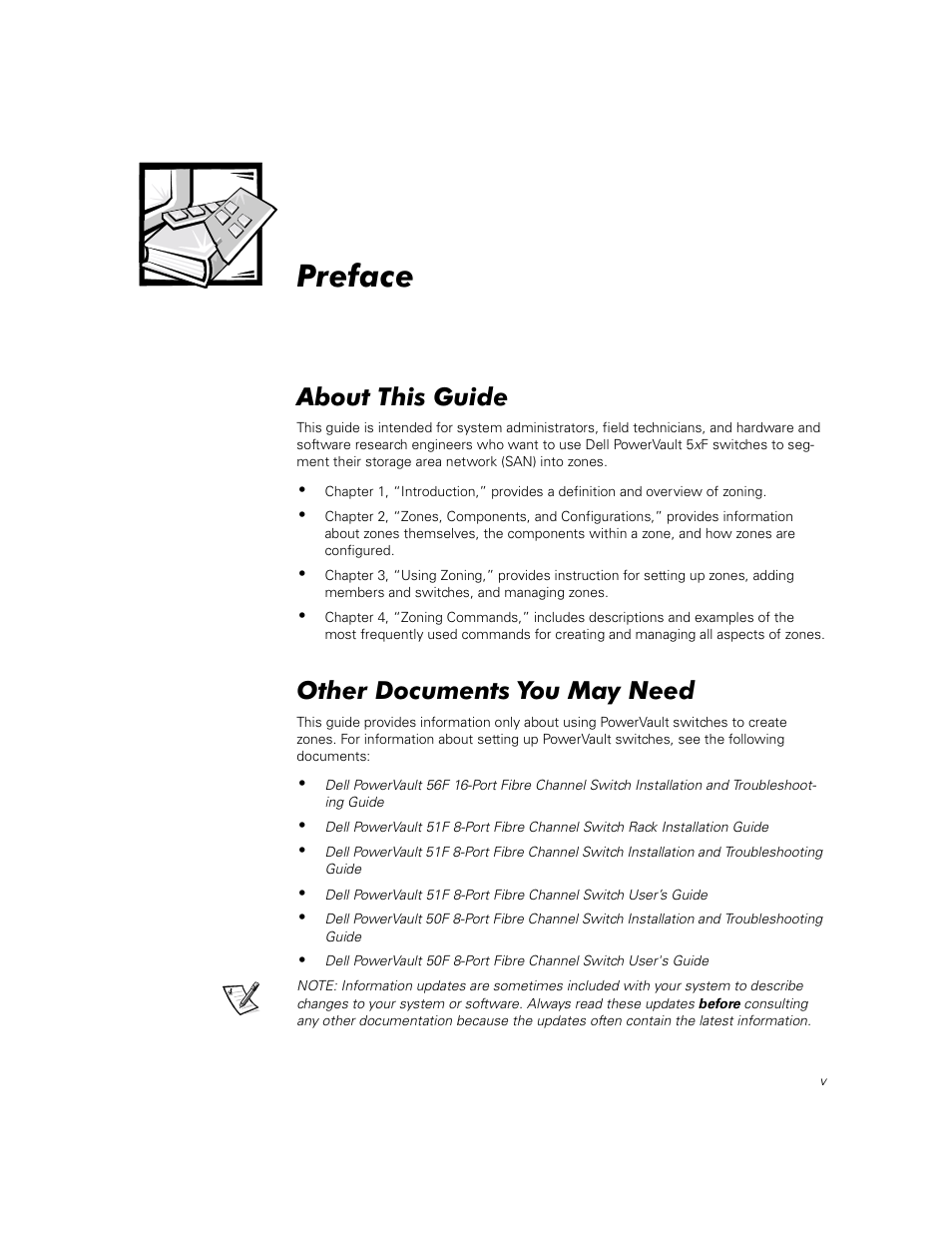 Preface, About this guide, Other documents you may need | Dell PowerVault 56F (16P Fibre Channel Switch) User Manual | Page 3 / 38