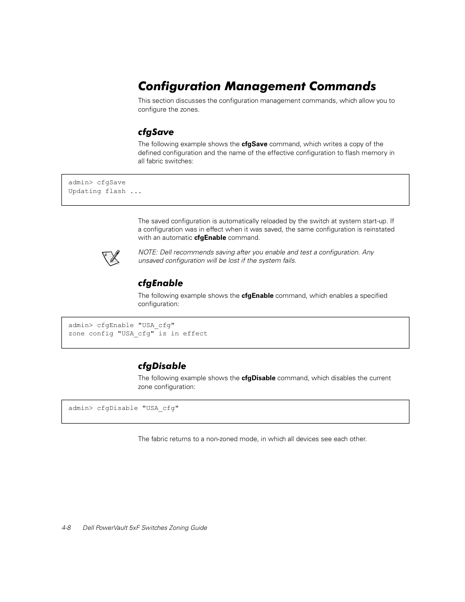 Configuration management commands, Cfgsave, Cfgenable | Cfgdisable, Configuration management commands -8, Cfgsave -8, Cfgenable -8, Cfgdisable -8 | Dell PowerVault 56F (16P Fibre Channel Switch) User Manual | Page 32 / 38